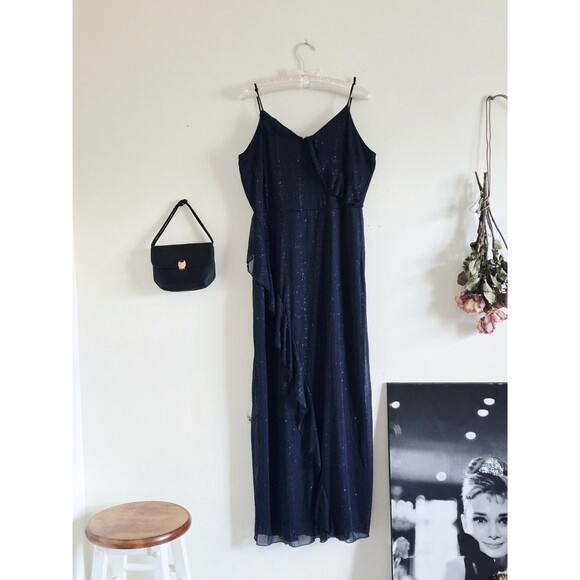 Alex b nites Dresses & Skirts - Alexa B Nites Maxi Dress Womans L Navy Blue Ruffle Sparkle Formal Cocktail